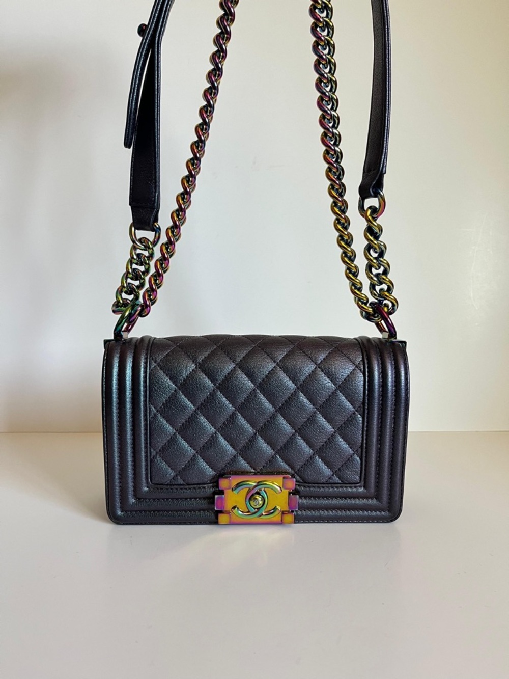 CHANEL IRIDESCENT Black Quilted Mini Boy Bag with Iridescent Chain - Picture 4 of 4